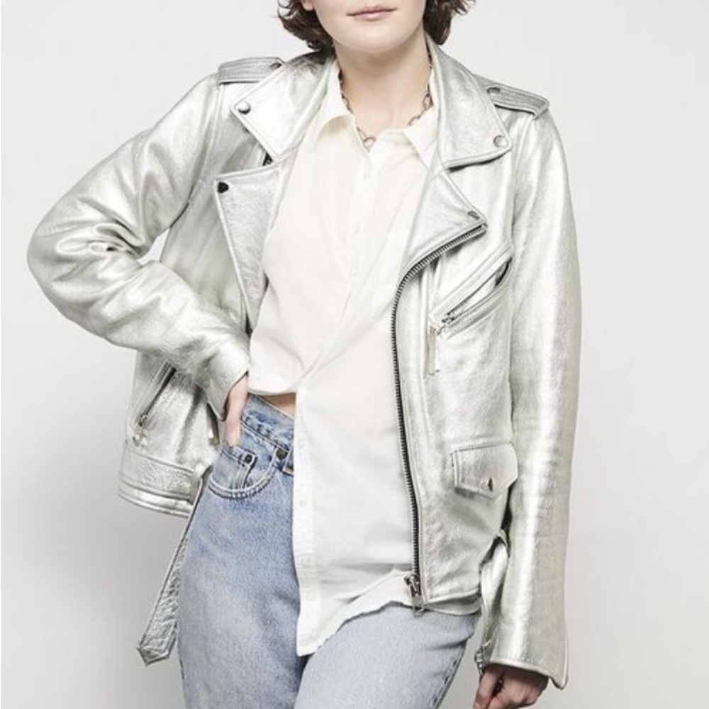 First Manufacturing Silver Leather Motorcycle Jacket